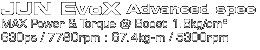 JUN EVOX Advanced spec MAX Power and Torque @ Boost 1.6kg/cm² 630ps/7780rpm : 67.48kg-m/5300rpm